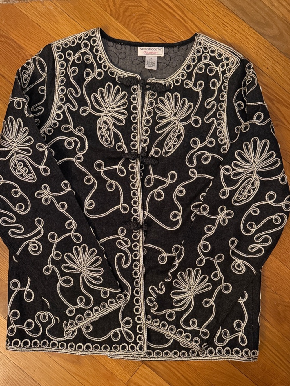 Victor Costa Black Jacket with Cream Embroidered Floral Scrolls